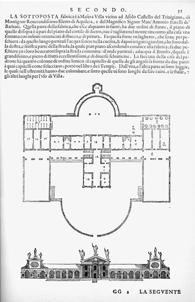 Plan and elevation of Villa Barbaro, Maser, illustration from a facsimile copy of 